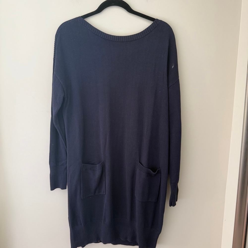 Garnet Hill Navy Blue Silk Cotton Blend Long Sleeve Pocket Sweater Dress Large